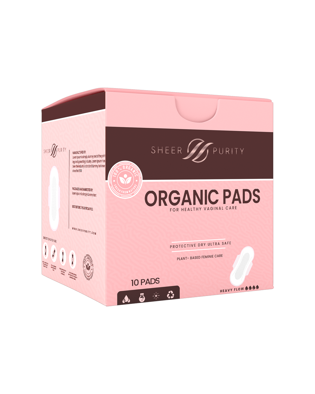 Sheer Purity organic pads are absorbent, ultra thin, and 100% leak proof. Carefully designed&nbsp;to provide security and comfortability throughout the day.